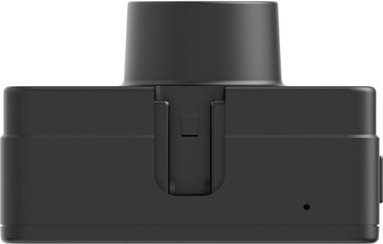 Zwarte Kenwood dashcam met een uitstekende lens aan de bovenkant en een montageclip aan de achterkant.