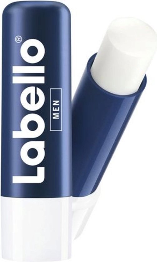 Labello MEN lippenbalsem, donkerblauwe huls met witte dop, de stick is uitgedraaid.