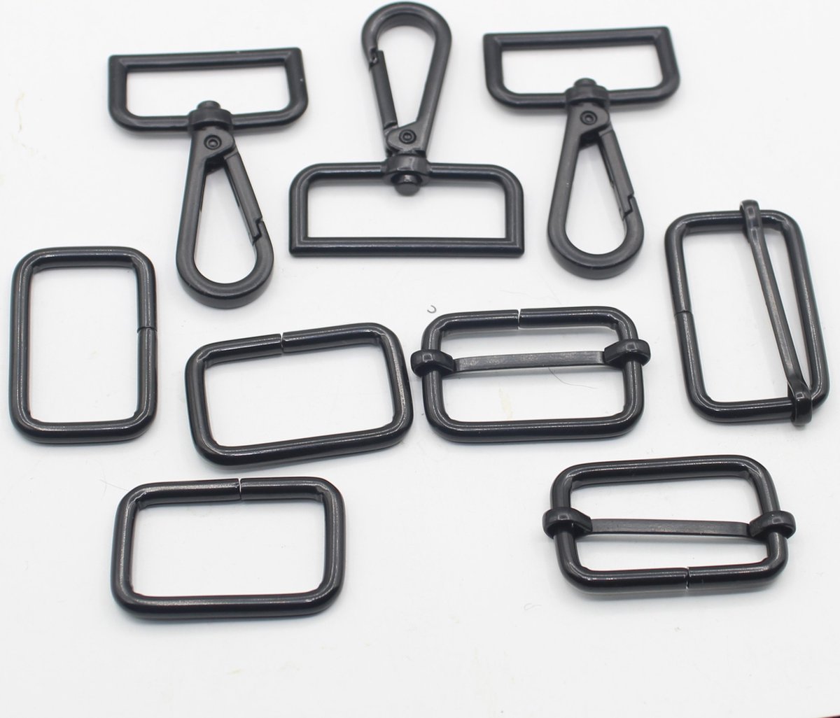 Set van 9 TASGESPEN GESPEN VOOR RUGZAKKEN 3 Schuifgespen 3 Passantgespen 3 Musketonhaken Lobstergespen Kleur ZWART MAT Binnenmaat 40MM