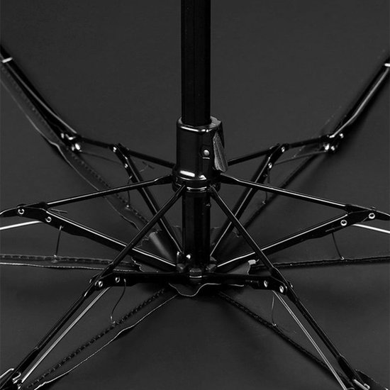Gedetailleerde opname van het zwarte metalen frame en de baleinen van een open paraplu.