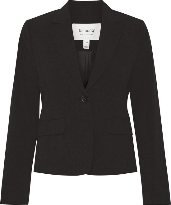 Donkerbruine blazer met krijtstreep, één knoopsluiting, twee klepzakken en reverskraag.