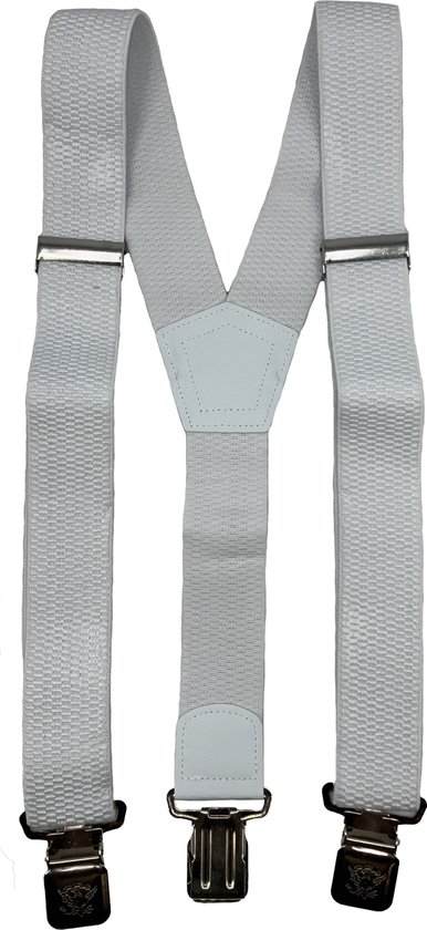 Flores Lederwaren - Heren - Dames Bretels – 3 brede stalen clips bretel - Unisex volwassenen -Motorrijders – Spijkerbroek – Beroepskleding – Skikleding - kleur: Wit.
