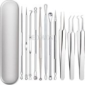 Ensemble dissolvant d'acné / boutons - Enlève les points noirs - Cuillère comédon - Dissolvant de points noirs - Acier inoxydable hypoallergénique - 11 pièces - Boîte de rangement - Brucelles