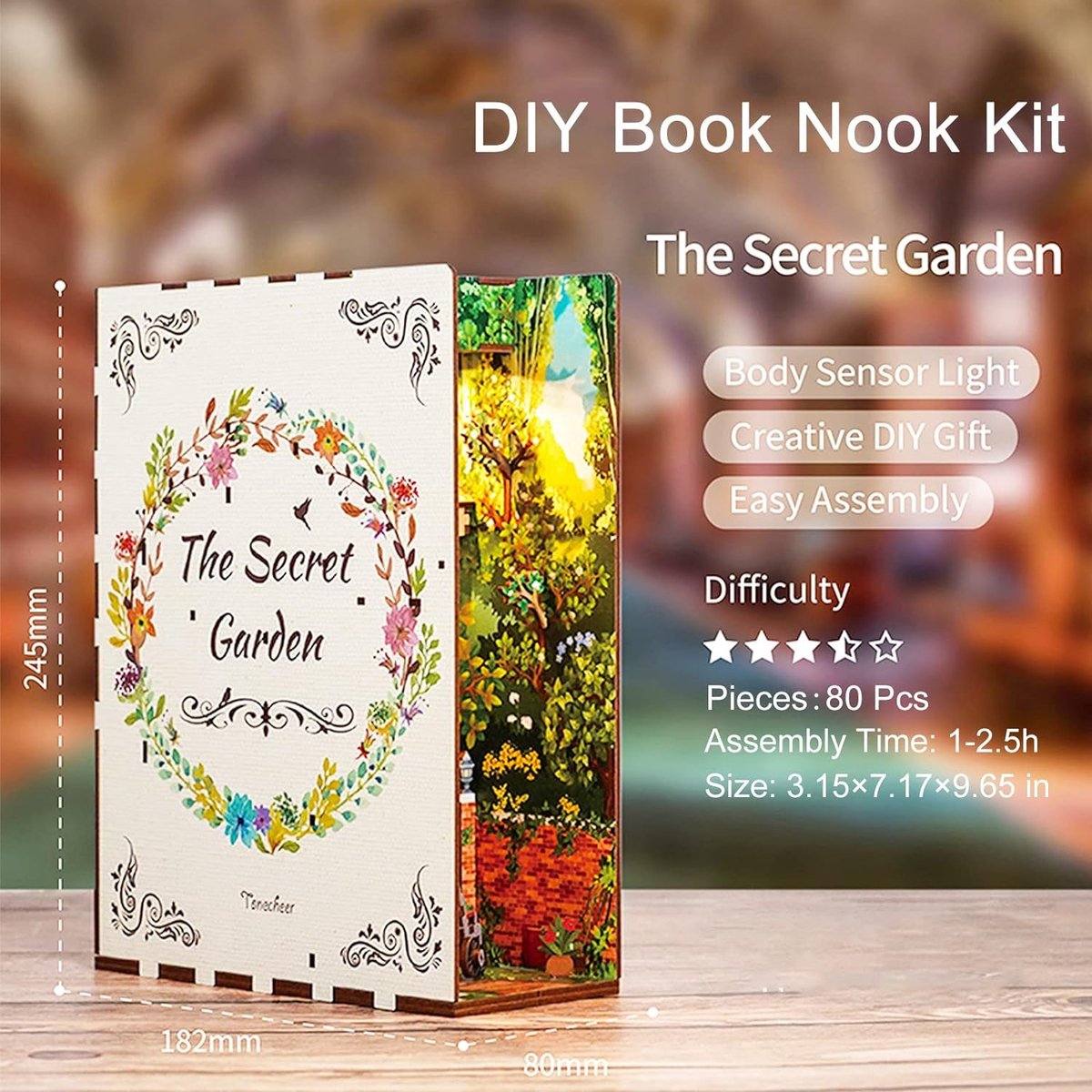 Tonecheer The Secret Garden Book Nook Bouwpakket - Modelbouw - 18,2 x 8 x 24,5 cm - Houten 3D Puzzel - Boekensteun - LED-licht - Bewegingssensor Licht - Boekenhouder — afbeelding 16