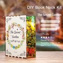 DIY "The Secret Garden" Boek Nook Kit met gedetailleerde illustraties, afmetingen en montage-informatie.