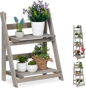 Plant Shelf 2 Levels Wood Planter Ladder Folding Flower Shelf 51.5 x 41 x 24 cm Grey - Relaxdays