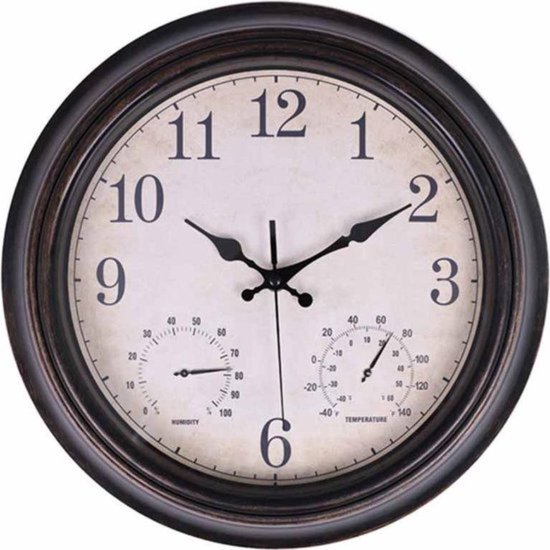 Horloge murale classique à Quartz avec mouvement silencieux - Design rural - Thermomètre/hygromètre - Température/humidité - 35cm