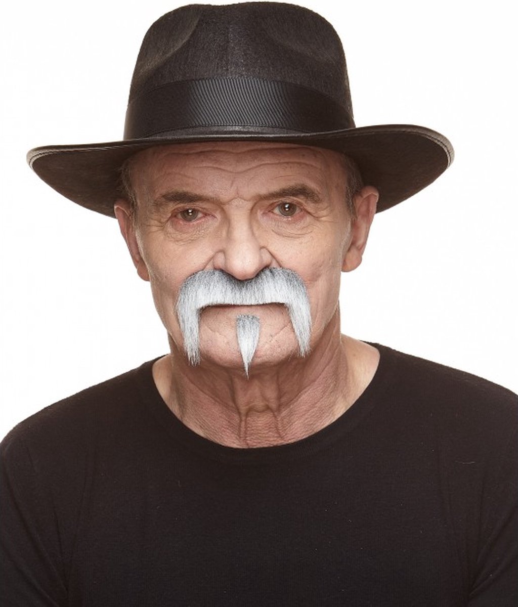 Partychimp Plaksnor en Baard Opa Nep Snor en Baard Zelfklevend voor Carnaval Verkleedaccessoire - Grijs/Wit - Imitatiebont