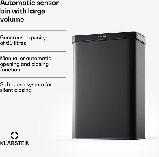 Klarstein touchless 50 l sensor afvalemmer, zwart mat - soft-close deksel, LED-display, ideaal voor de keuken - afvalemmer voor de keuken, prullenbak