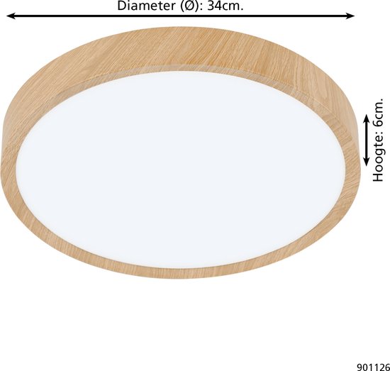 Ronde plafondlamp met houtlook rand, diameter 34cm, hoogte 6cm.