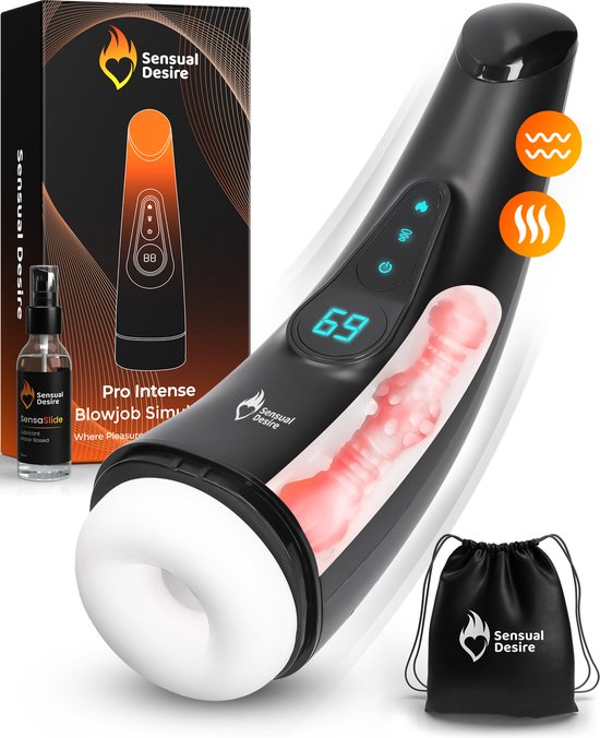 Sensual Desire® Pro Intense – Blowjob Simulator – 9 Zuig & Vibratie Standen – Ultra Realistisch – Warmtefunctie – Oplaadbaar – Elektrisch – Masturbators – Masturbator voor Man – Sex Toys voor Mannen – Pocket Pussy + Gratis Glijmiddel & Opbergzak