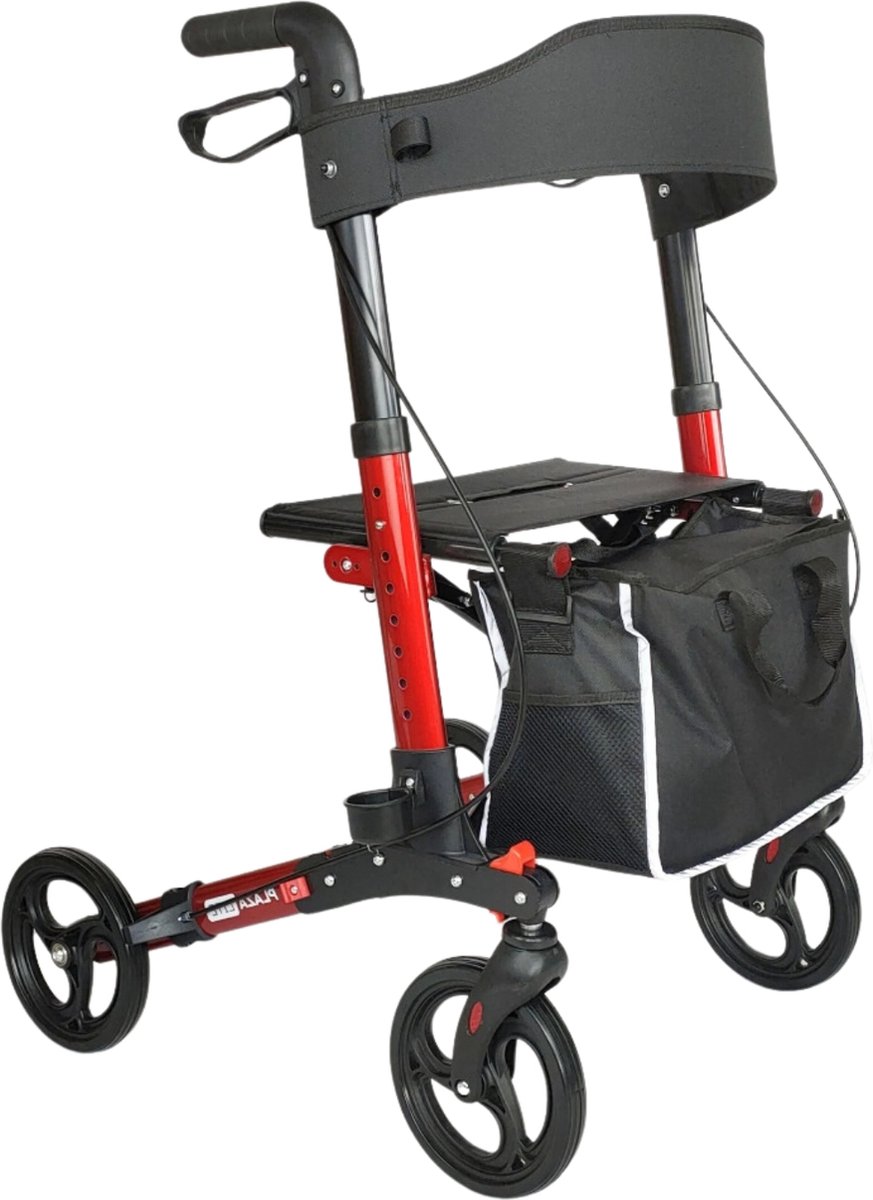 Goedkoopste Rollator Plaza Lite - Lichtgewicht - Drie dubbel opvouwbaar - Anti-lek banden - Past in elke auto - Weegt 7,8 kg - Rood - Inclusief boodschappentas, stokhouder en rugsteun