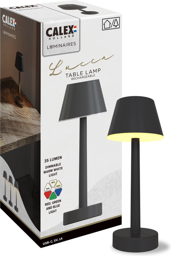 Calex Oplaadbare Tafellamp Lucca - Draadloos - Dimbaar - Warm Wit Licht & RGB - Waterdicht - Decoratie voor Tuin, Woonkamer, Slaapkamer - Sfeerverlichting – Zwart