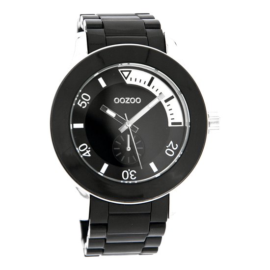 OOZOO Timepieces - Zilverkleurige horloge met zwarte kunststof horlogeband - C4259