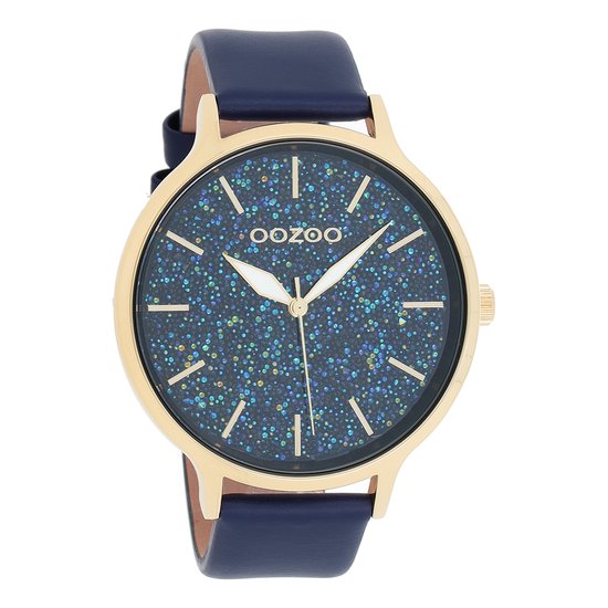 OOZOO Timepieces - Goudkleurige horloge met diep blauwe leren band - C10662