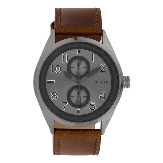 OOZOO Timepieces - Titanium horloge met bruine leren band - C10028