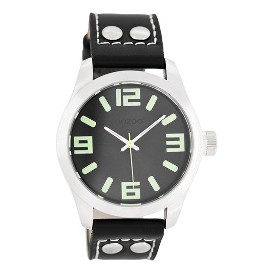 OOZOO Timepieces - Zilverkleurige horloge met zwarte leren band - JR269
