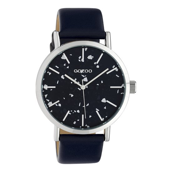 OOZOO Timepieces - Zilverkleurige horloge met donker blauwe leren band - C10414