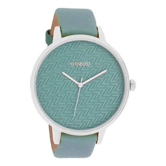 OOZOO Timepieces - Zilverkleurige horloge met aqua groene leren band - C10406