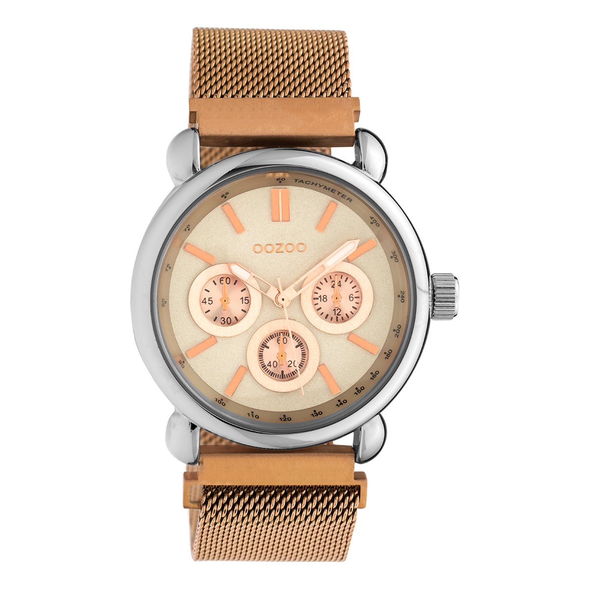 OOZOO Timepieces - Zilverkleurige horloge met rosé goudkleurige metalen mesh armband - C10695