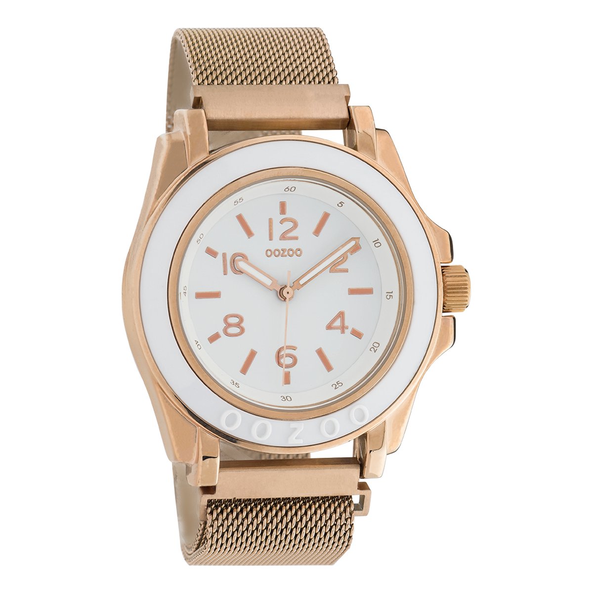 OOZOO Timepieces - Rosé goudkleurige horloge met rosé goudkleurige metalen mesh armband - C10738