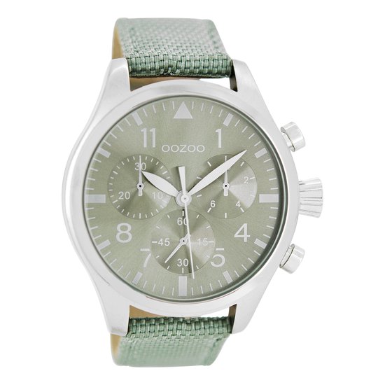 OOZOO Timepieces - Zilverkleurige horloge met mint groene NATO horlogeband - C6795