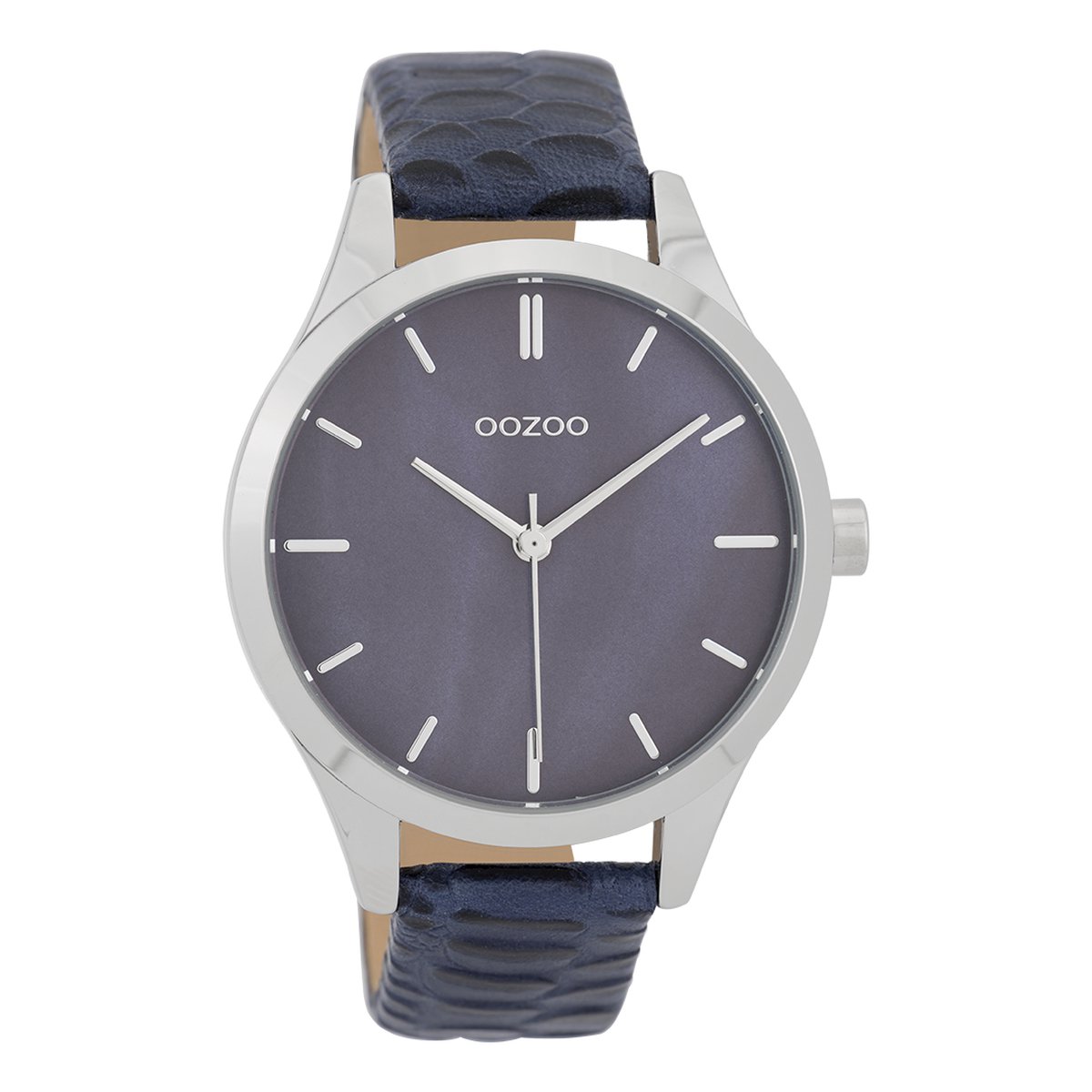 OOZOO Timepieces - Zilverkleurige horloge met donker blauwe leren band - C9721