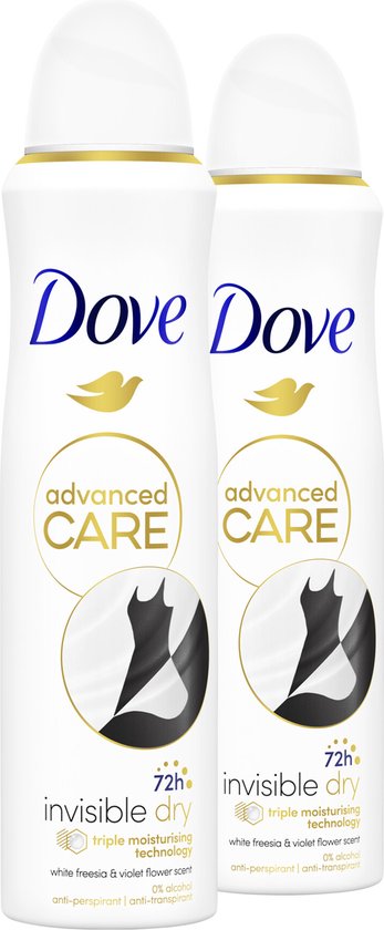 Twee Dove Advanced Care Invisible Dry deodorantbussen met goudkleurige accenten en "white freesia & violet flower scent" opdruk.
