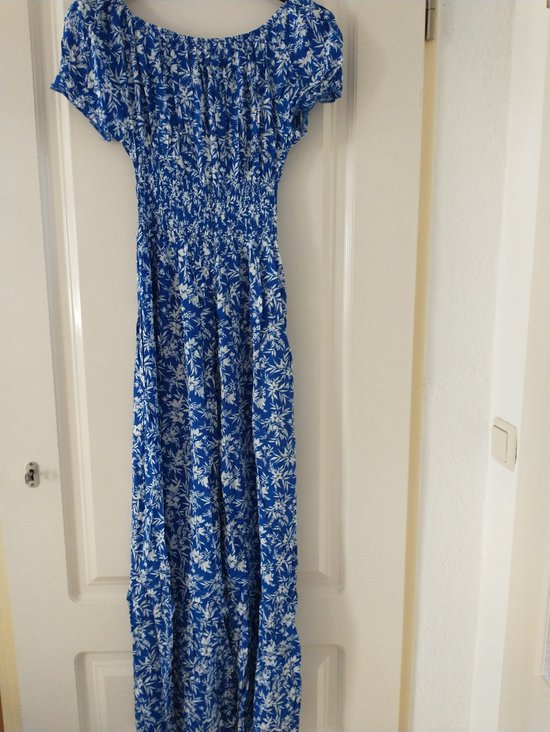Lange dames jurk Siri gebloemd motief konings blauw royal blue wit Maat S/M strandjurk