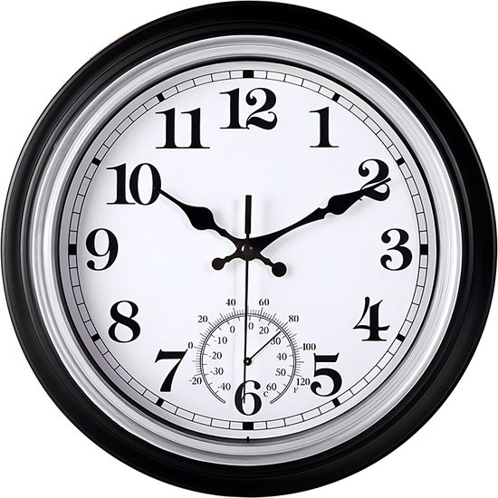 Zwarte wandklok met witte wijzerplaat en thermometer, 30 cm