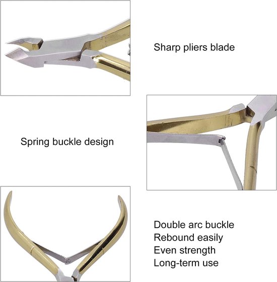 Gouden nagelknipper met scherpe mesjes en dubbele boog veer. Het ontwerp heeft een veersluiting.