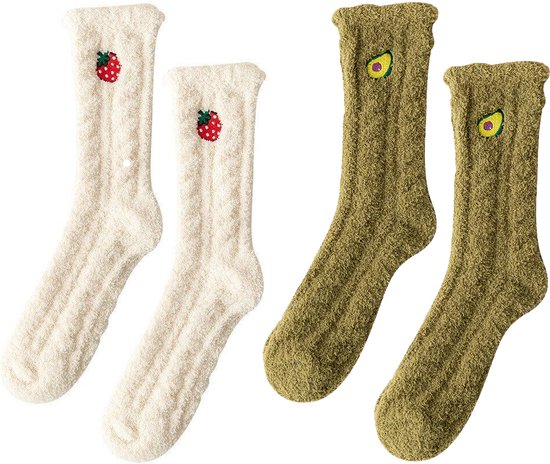 Sokken Duo Voordeelset - Warme Huissokken Dames - Aardbei & Avocado - Grappige Cadeaus - One Size Leuke Fruit Sokken - Funny Happy Socks Verjaardag, Sinterklaas, Kerst - Geschenk Vrouwen, Moeder, Mama, Vriendin, Zus, Oma
