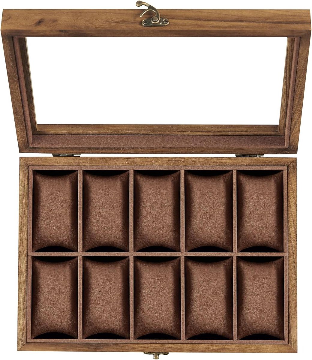 Horlogebox met 10 sleuven - Massief houten horlogedoos met groot glazen deksel - Afneembare kussens - Cadeau-idee - Rustiek notenhout