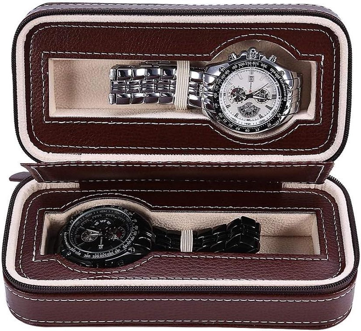 Travel Case 19×10×7 - 2 Slots - Paar Horloge Case - Ritssluiting - Opbergdoos Organizer - Klassiek