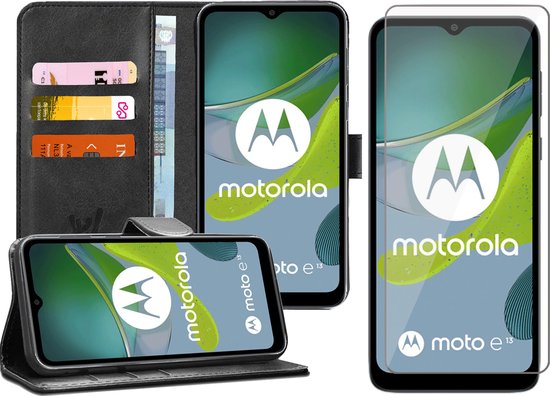 Étui adapté pour Motorola Moto E13 - Glas Protecteur d'écran - Wallet Book Case Zwart