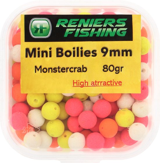 Foto: Reniers fishing flavoured pre drilled mini boilies 8mm 80gr smaak monster crab