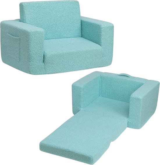 D&B Kinderstoel - Voor Kinderen - Bank - Opvouwbare 2-in-1 Bank - Knuffelige Bank - Kleur Turquoise - Kinderzetel - Kindersofa - Speel en Slaapbank - Lichte Bank - Eenvoudige Reiniging