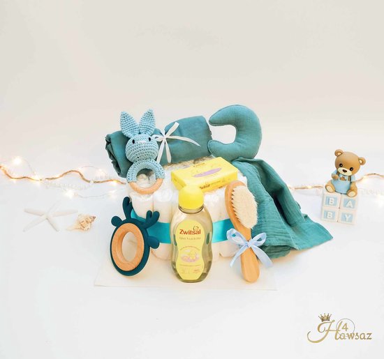 Foto: Kraamcadeau jongen 32 stuks hawsaz nl cadeau genderneutraal kraamcadeau originele babycadeau s 25 luiers luiertaart blauw babycadeau babygeschenkset babyshower gepersonaliseerde cadeaus babyverzorging