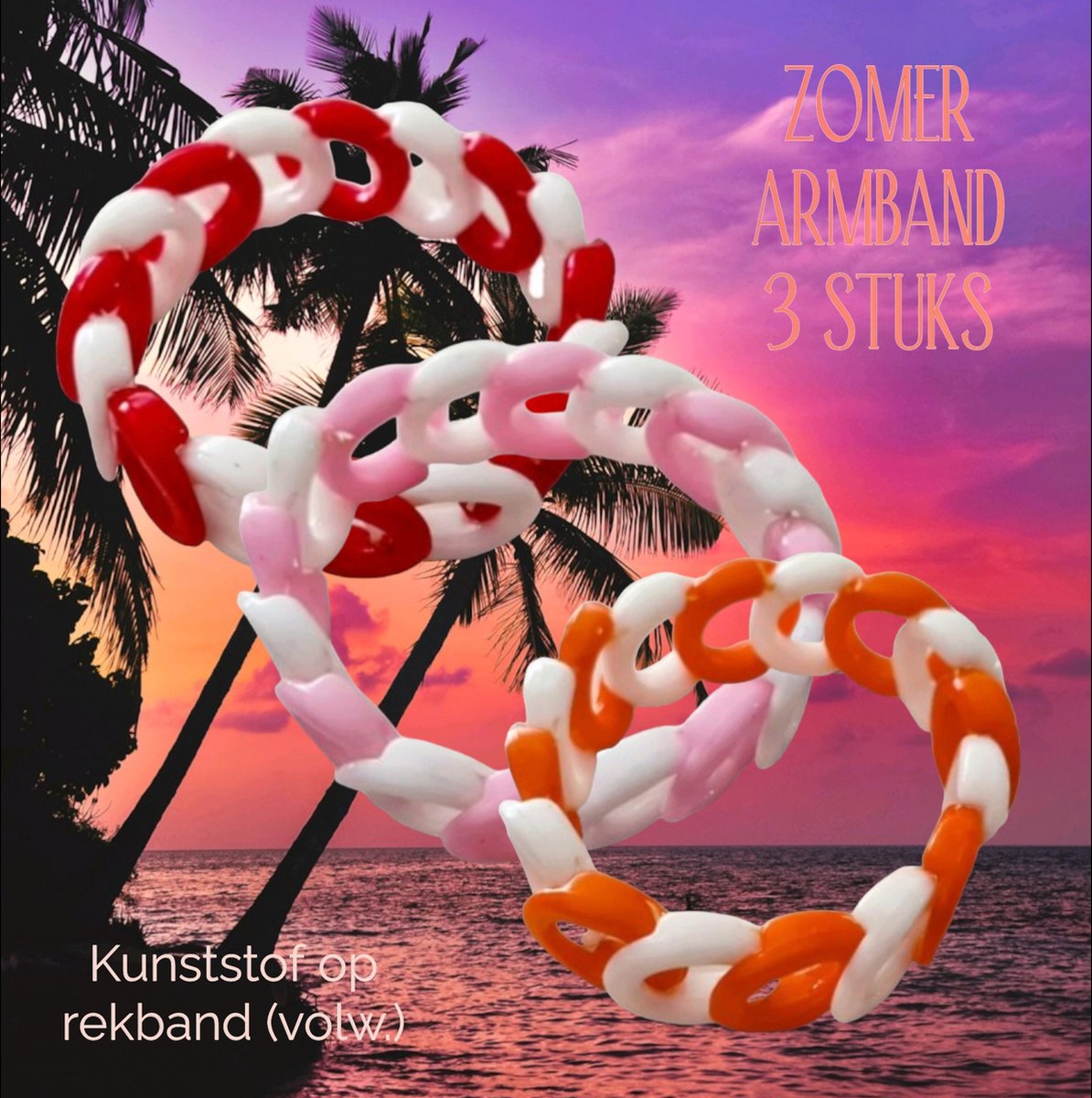 Fashion Jewelry - Het Appeltje® - Acrylic / Kunststof armbanden - set van 3 stuks - tomaat rood, pastel roze, helder oranje / wit - ringen op elastiek - volwassen jeugd - non allergic - Unisex - casual festival vakantie carnaval feest