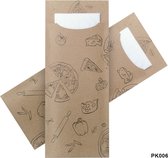 1000 Papieren bestekzakjes met wit servet - Kraft bruin met pizza bedrukking
