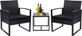 Luxe 2-zits Rotan Bistro Set - Tuinmeubelset met Kussen en Glazen Salontafel - Tuinmeubilair voor Balkon en Terras - Zwart