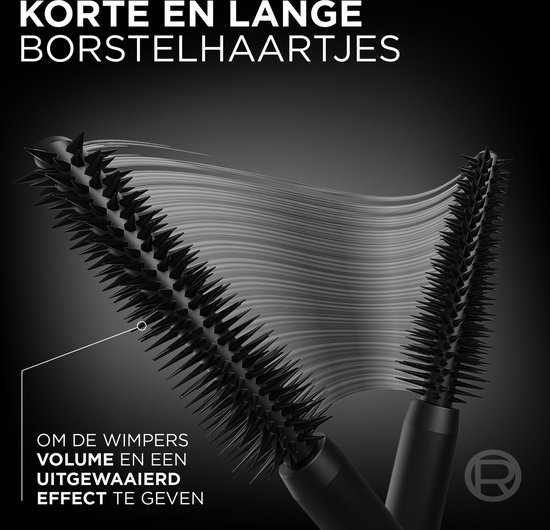 Twee zwarte mascara borsteltjes met vezels ertussen. Tekst: 'KORTE EN LANGE BORSTELHAARTJES'.