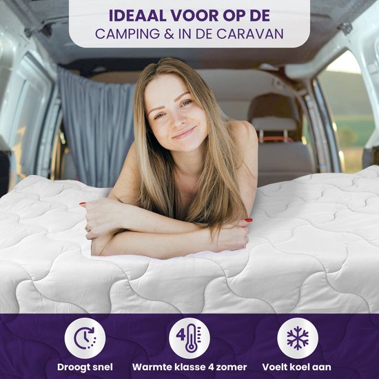 Vrouw op een bed in een camper, met een wit zomerdekbed van Slaapspeciaal. Iconen voor 'droogt snel', 'warmte klasse 4 zomer' en 'voelt koel aan'.