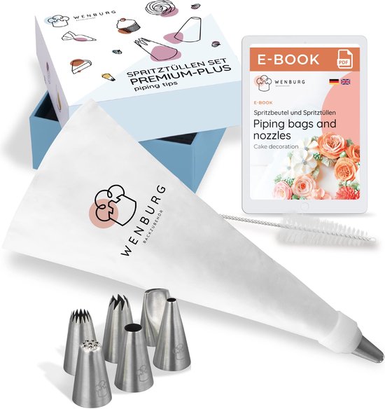 Wenburg spuitzakkenset – 7 grote spuitzakken, professionele roestvrijstalen opzetstukken voor taarten, taarten, cupcakedecoratie (set Premium Plus)