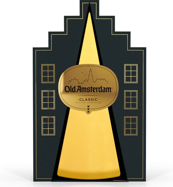 Donkerblauwe presentatie in de vorm van een grachtenpand met gouden accenten en het Old Amsterdam logo.