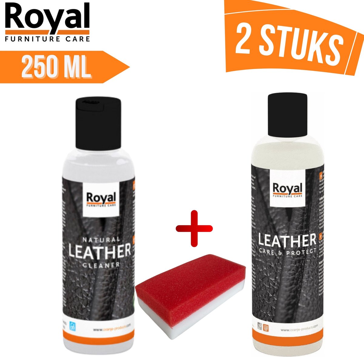 Oranje Furniture Care Onderhoud leer Leather Care & Protection Set 2x250 ml leer onderhoud+Gratis Spons