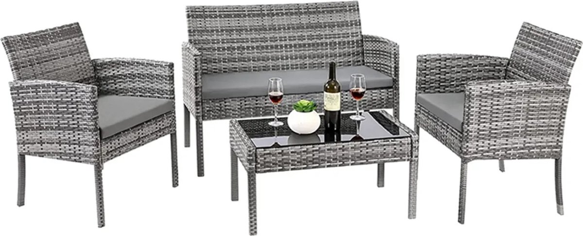 Loungeset - 4 Delige Tuinset - Tuinmeubelset - Loungemeubels - Terras - Wicker - Grijs
