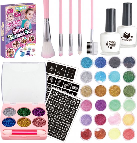 Foto: Woopie kinder glitter tattoo speelgoed set meisjes glitter tattoos speelgoedtattoo xxl set