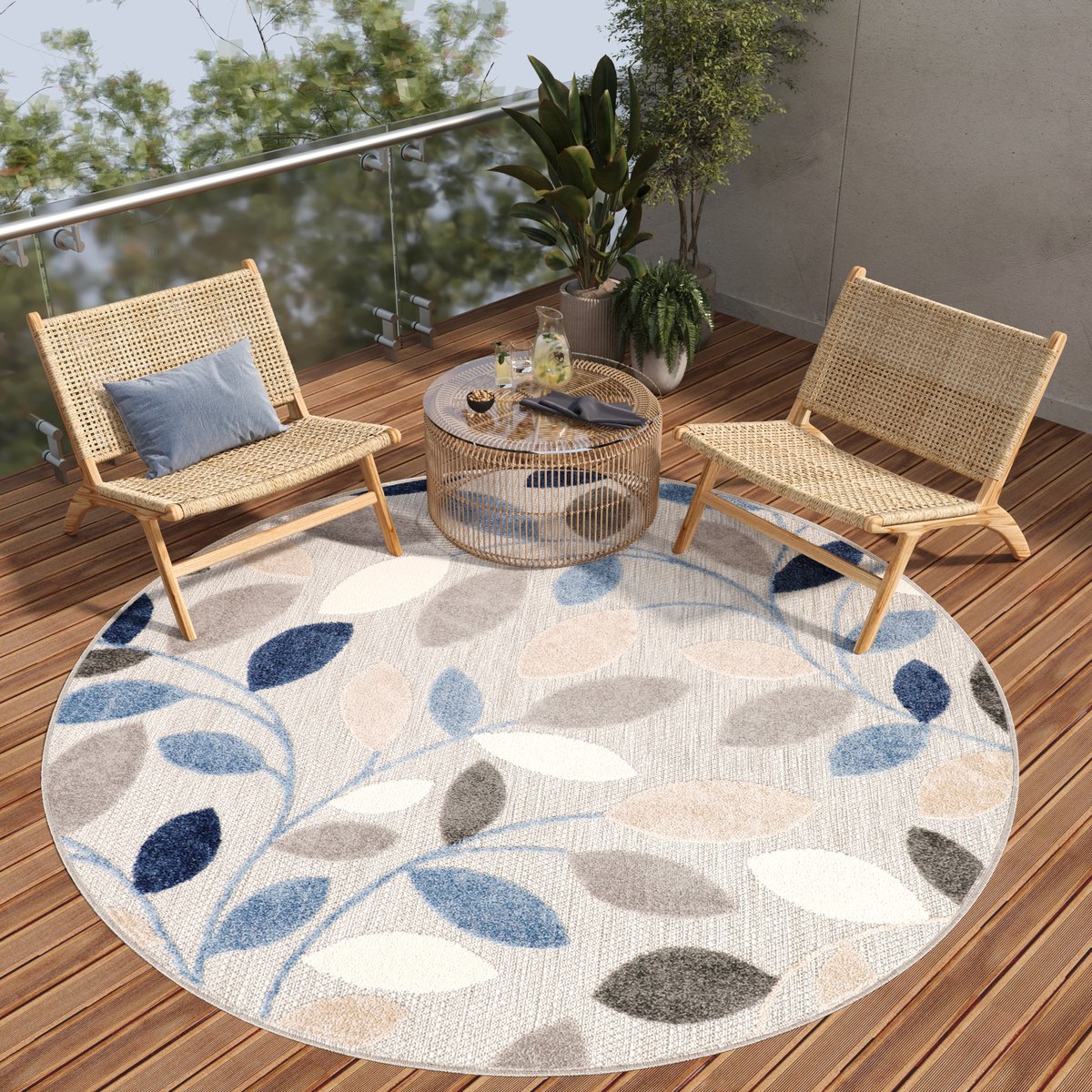 Tapiso Patio Rond Vloerkleed Balkon Terras Tuin Grijs Blauw Outdoor Tapijt Maat- 160x160