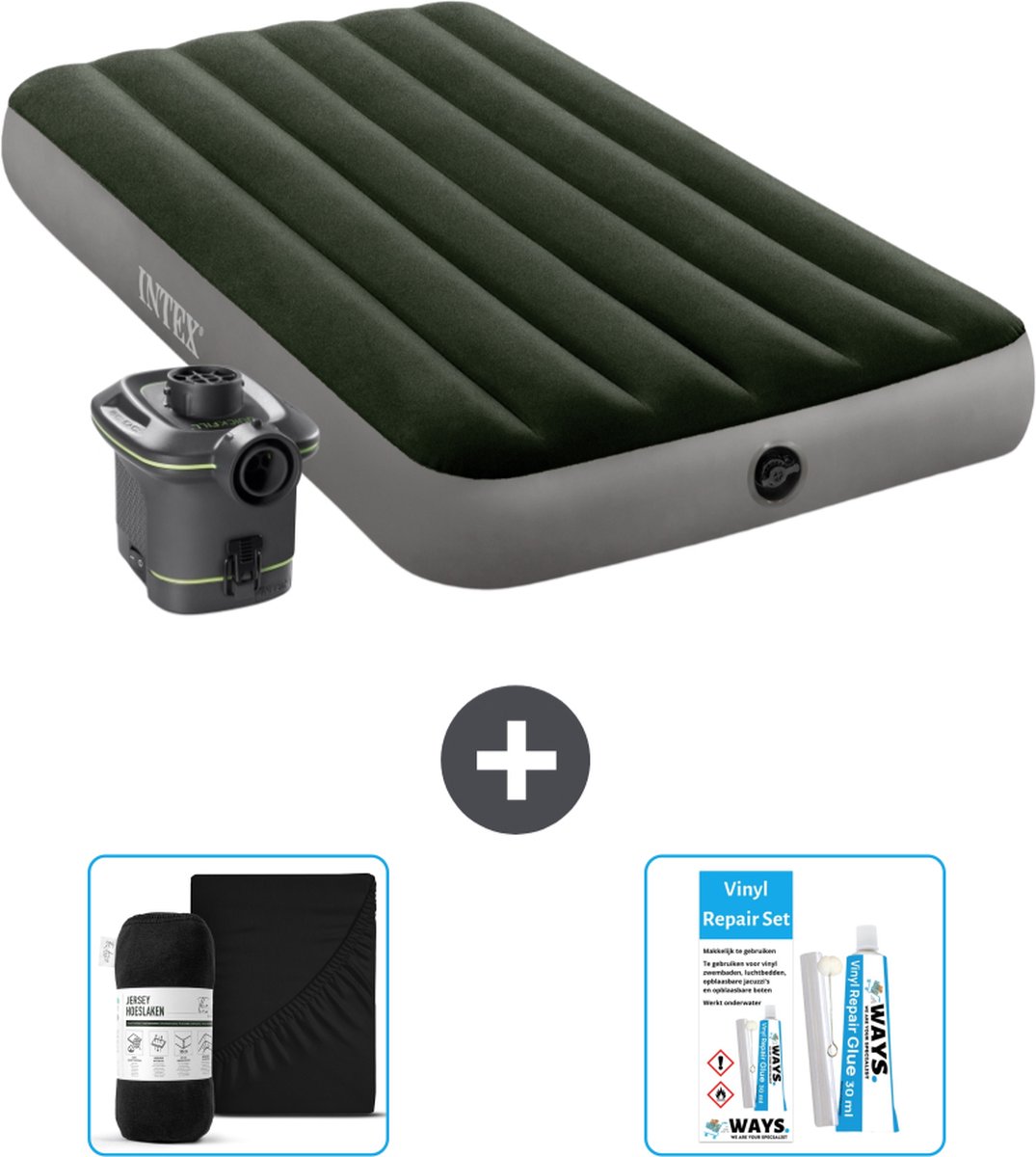 Intex Luchtbed - 1-Persoons - 99 x 191 x 25 cm - Groen - Met pomp + Hoeslaken Zwart + Reparatieset